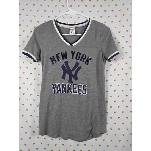 Pink Victorias secret new York Yankees bling sequined v neck shirt xs - Picture 1 of 4